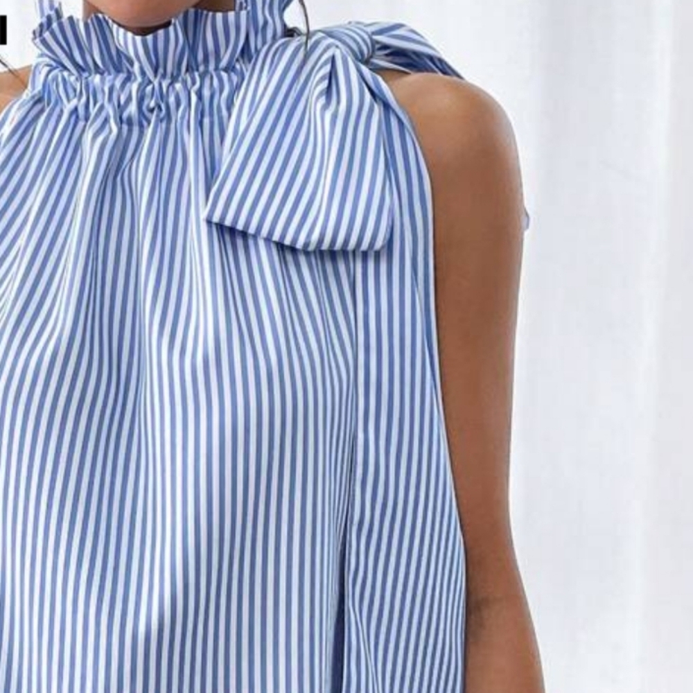 Elegant Shein Blue & White Blouse Sleeves Tie Neck
